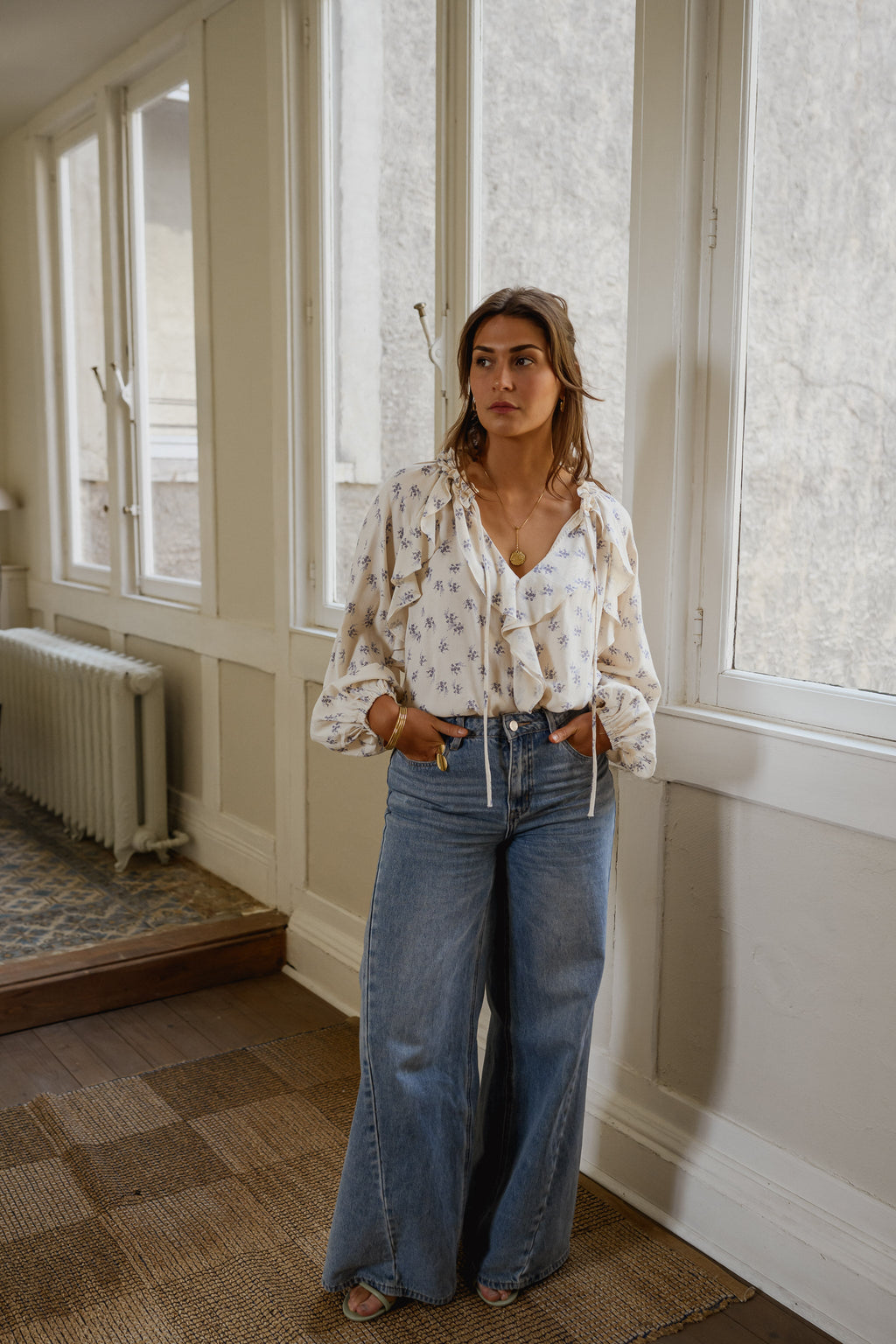 Blouse Euredice - écrue à fleurs bleues