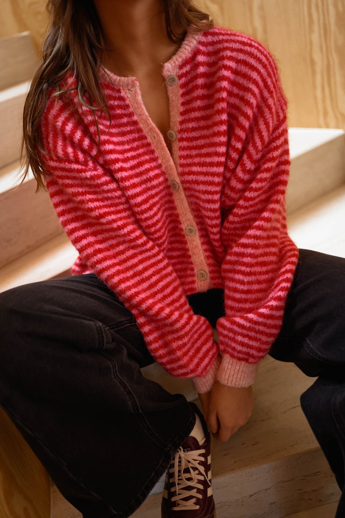 Gilet Glad - rose et rouge à lignes