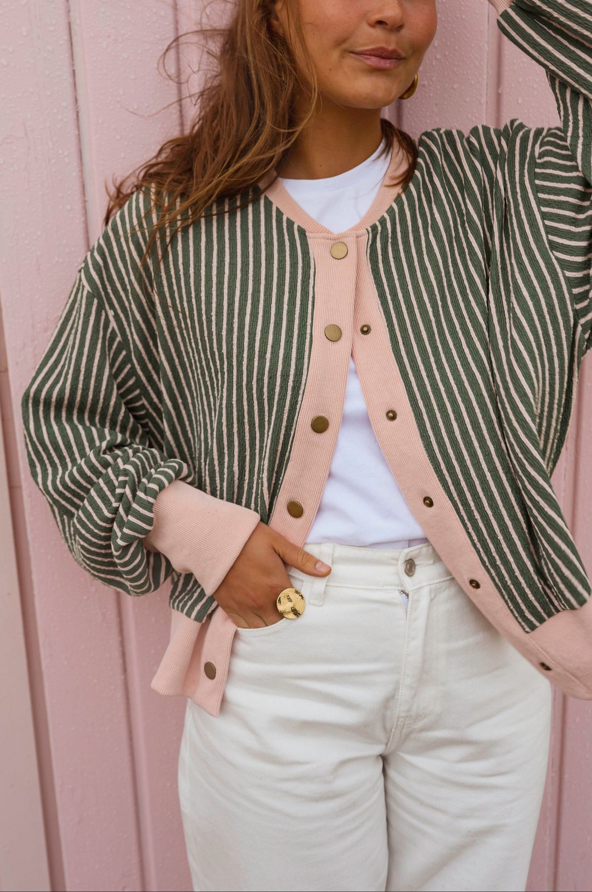 Gilet Verda - vert à lignes roses