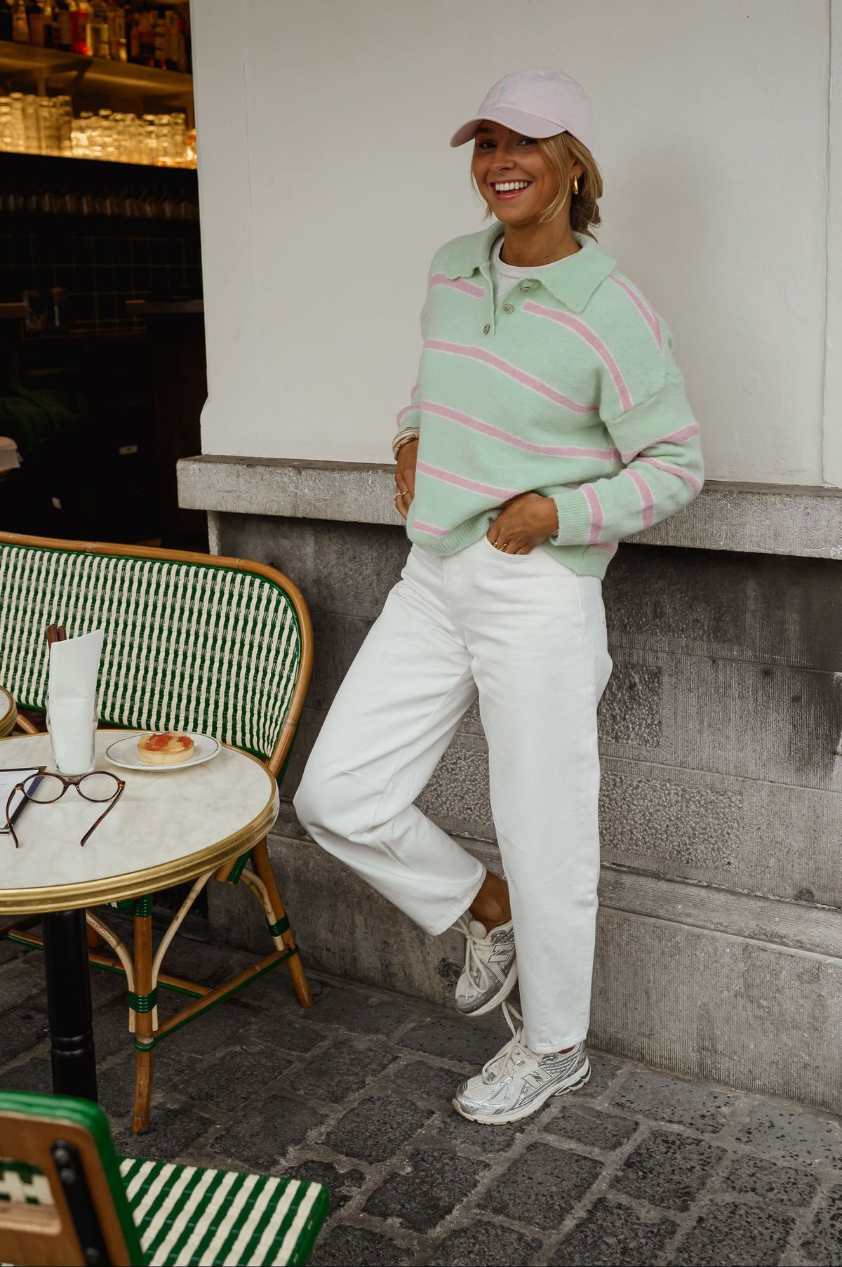 Pull Odette - vert à lignes roses