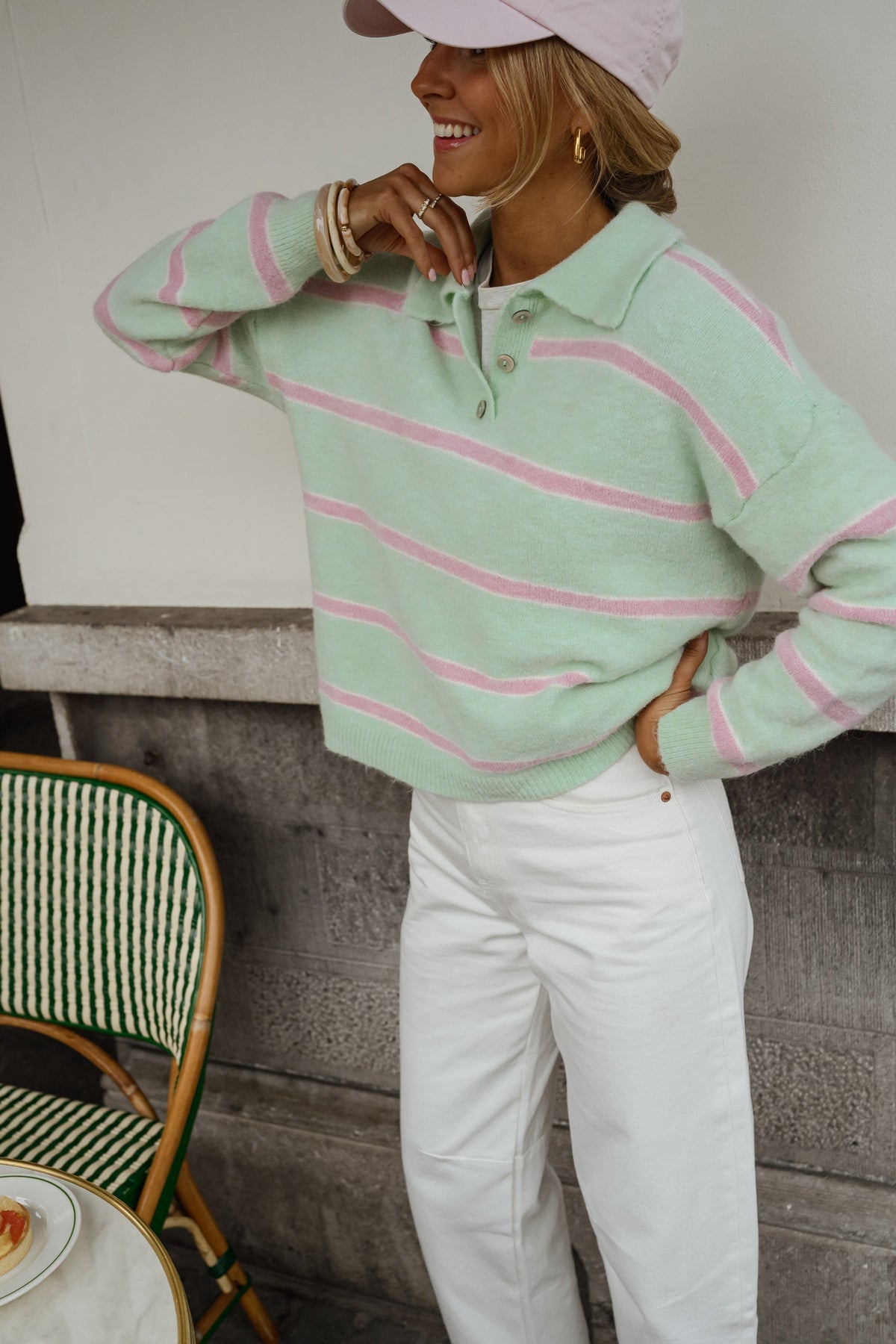 Pull Odette - vert à lignes roses