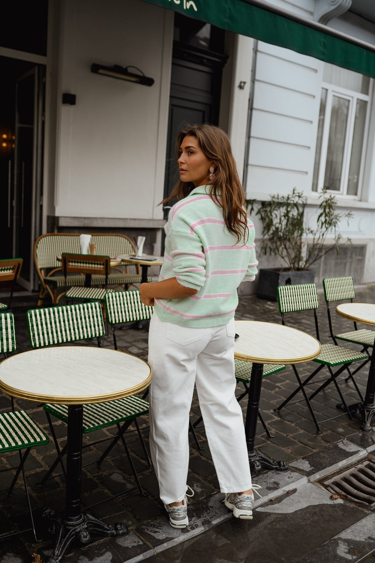 Pull Odette - vert à lignes roses