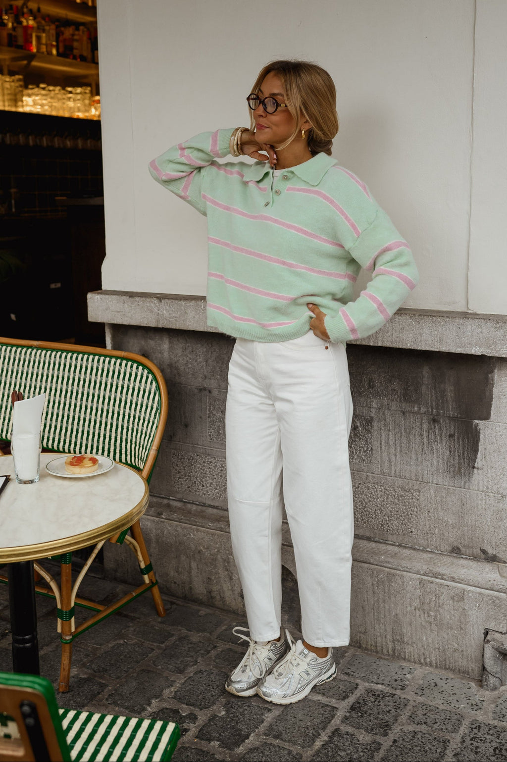 Pull Odette - vert à lignes roses