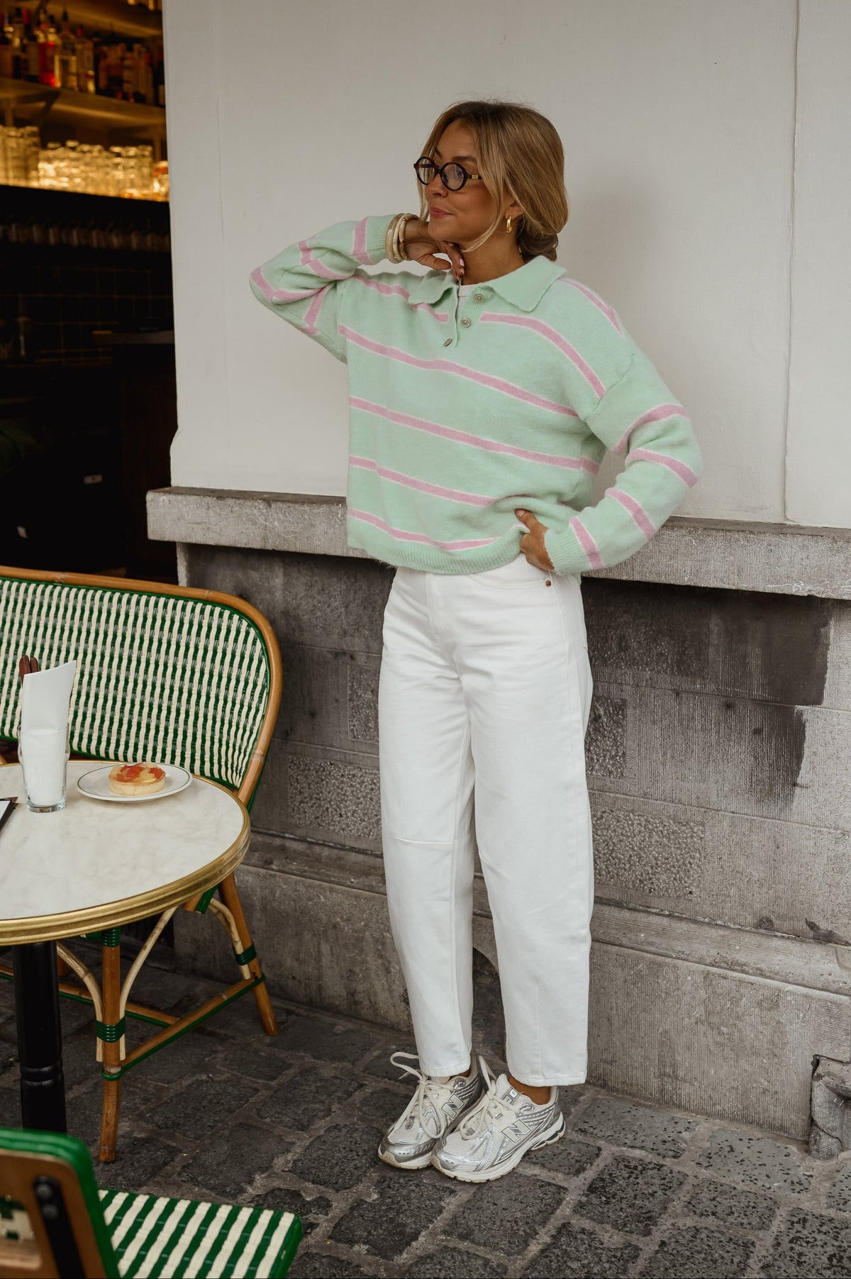 Pull Odette - vert à lignes roses