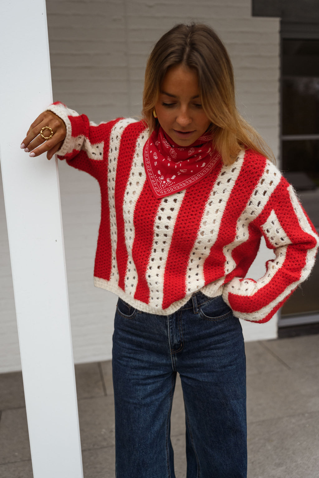 Pull Sage - rouge et écru