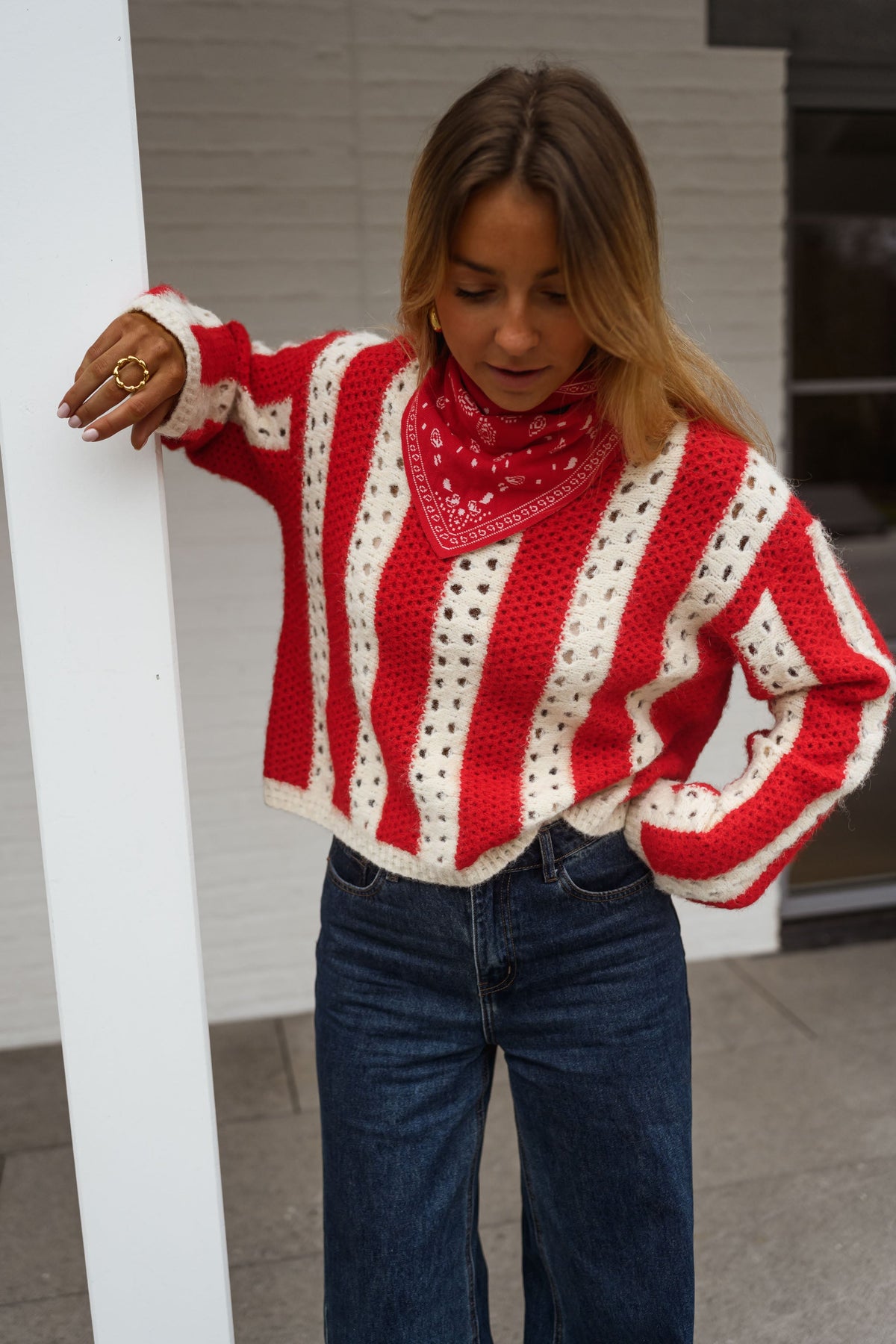 Pull Sage - rouge et écru