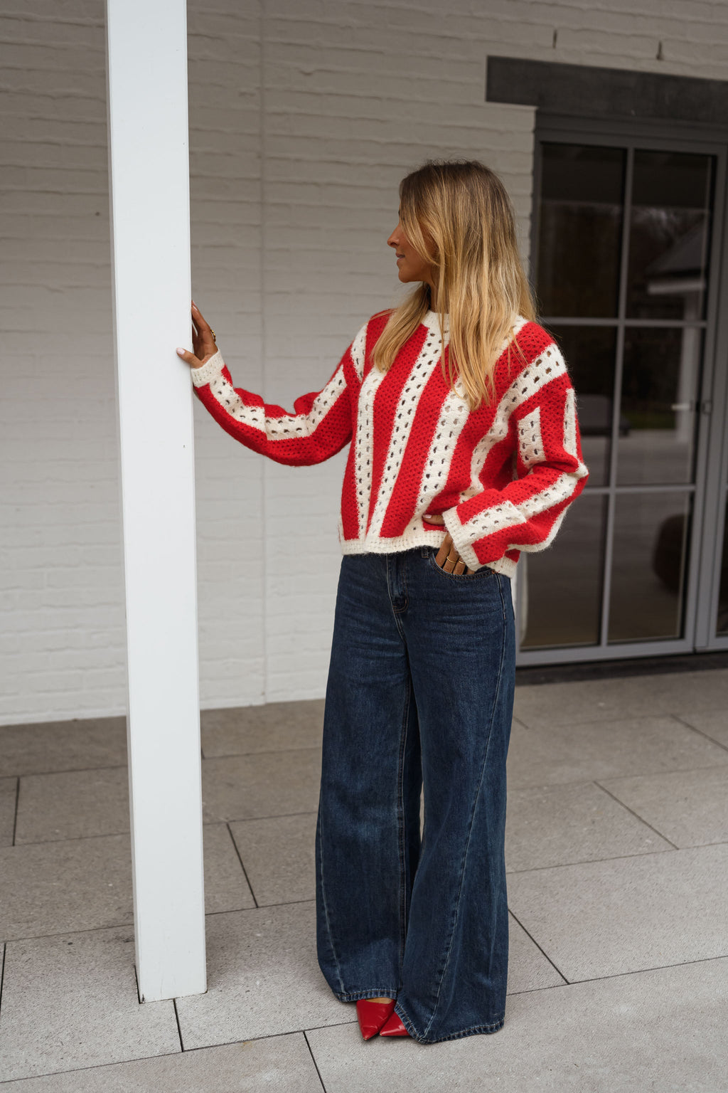 Pull Sage - rouge et écru