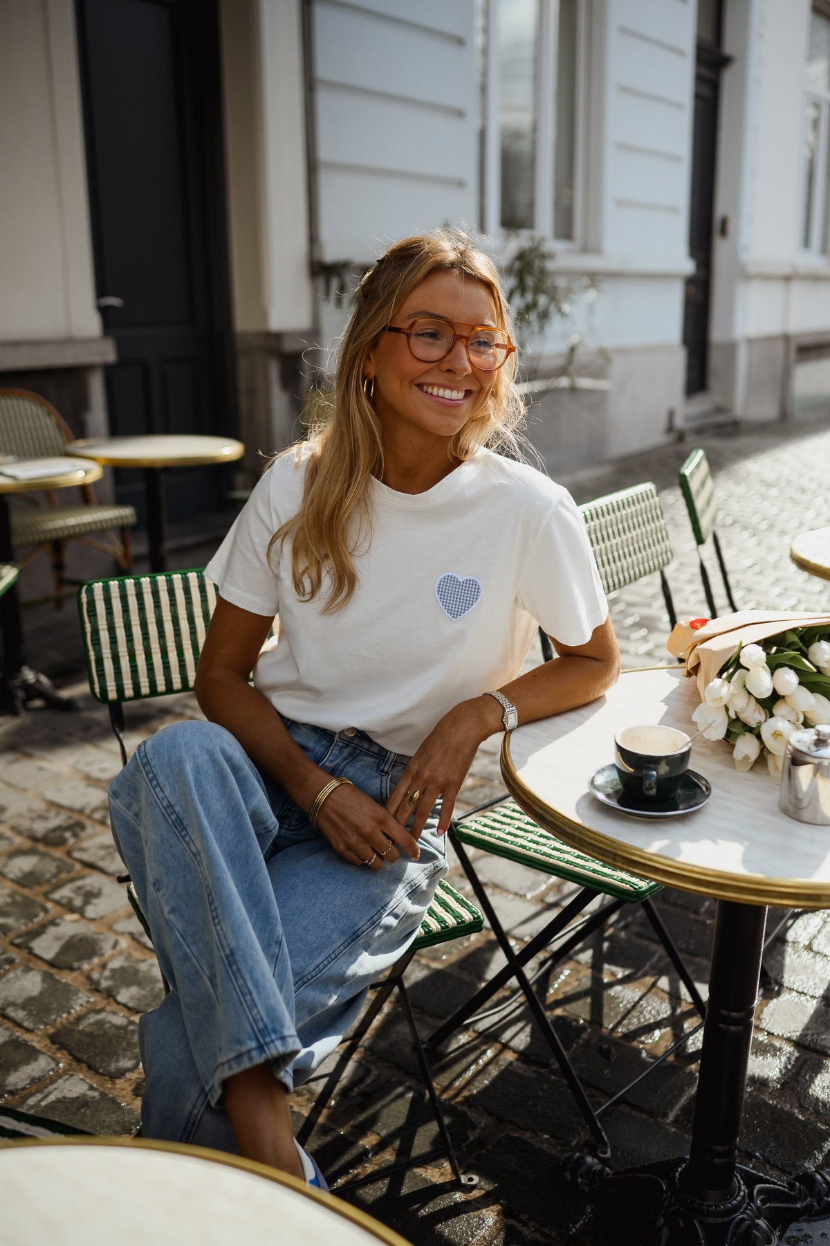 T-shirt Aly - blanc à coeur vichy bleu