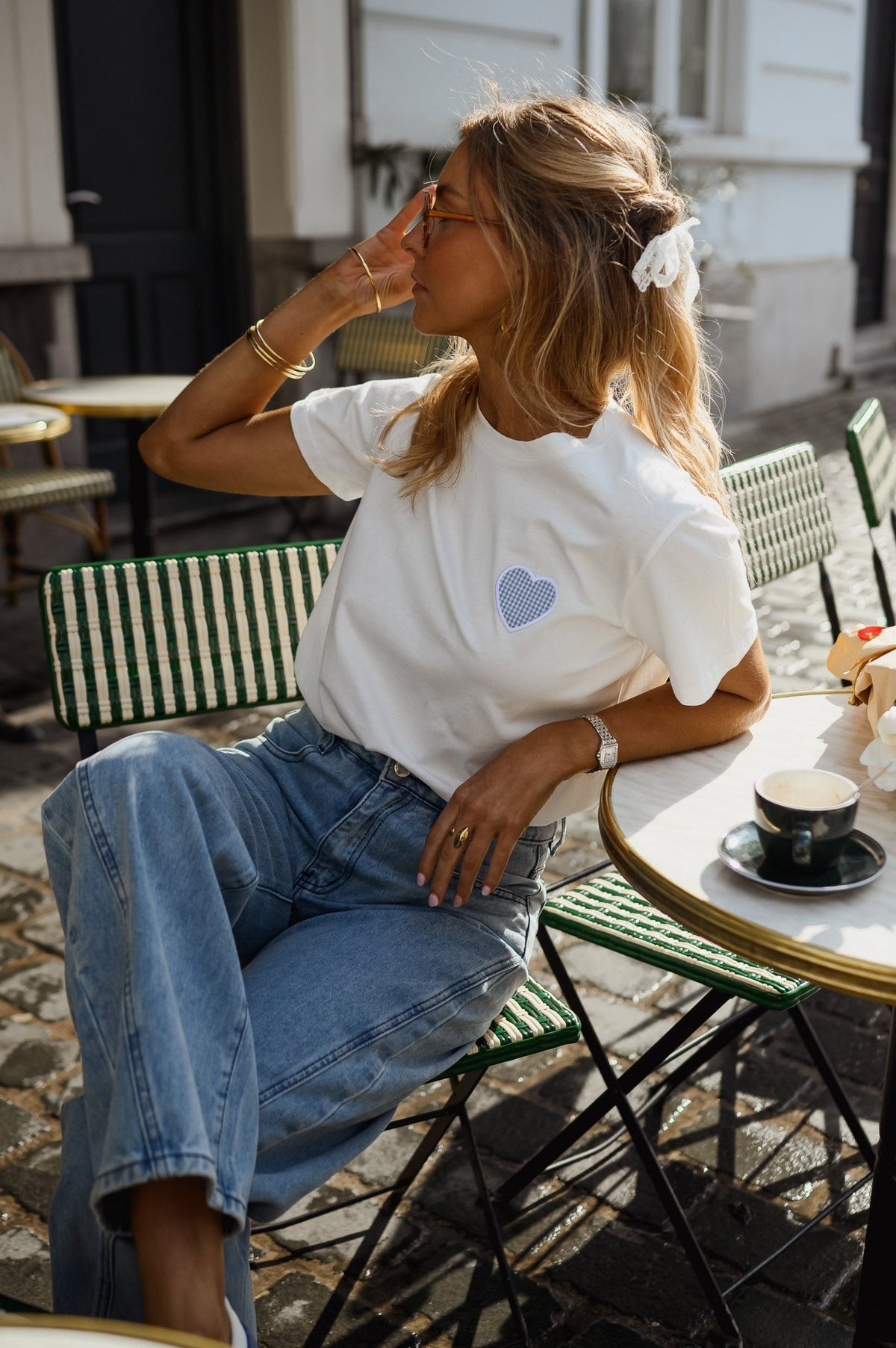 T-shirt Aly - blanc à coeur vichy bleu