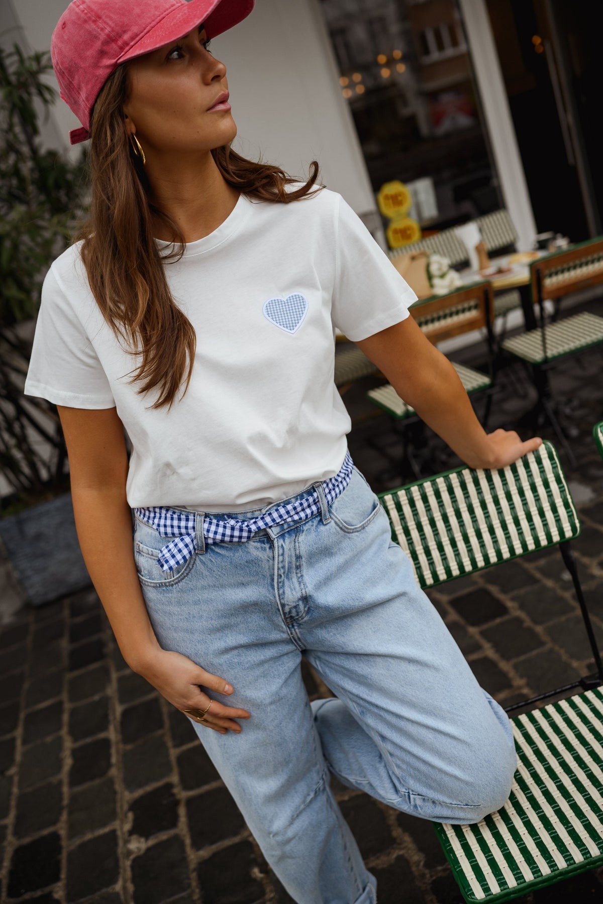 T-shirt Aly - blanc à coeur vichy bleu