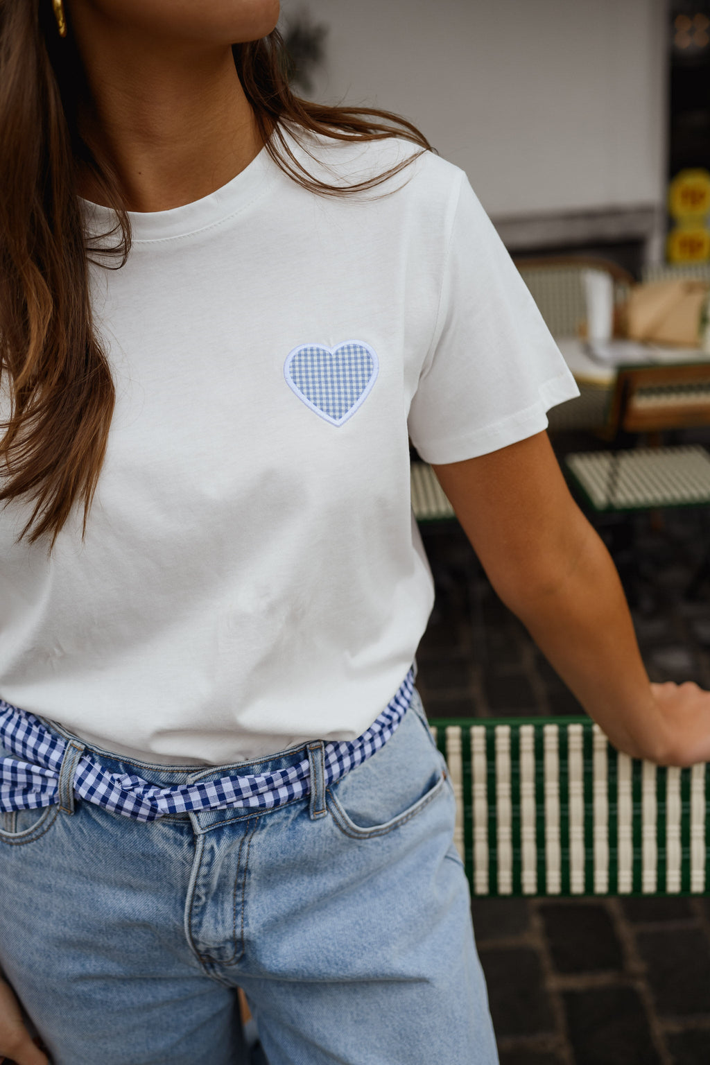 T-shirt Aly - blanc à coeur vichy bleu