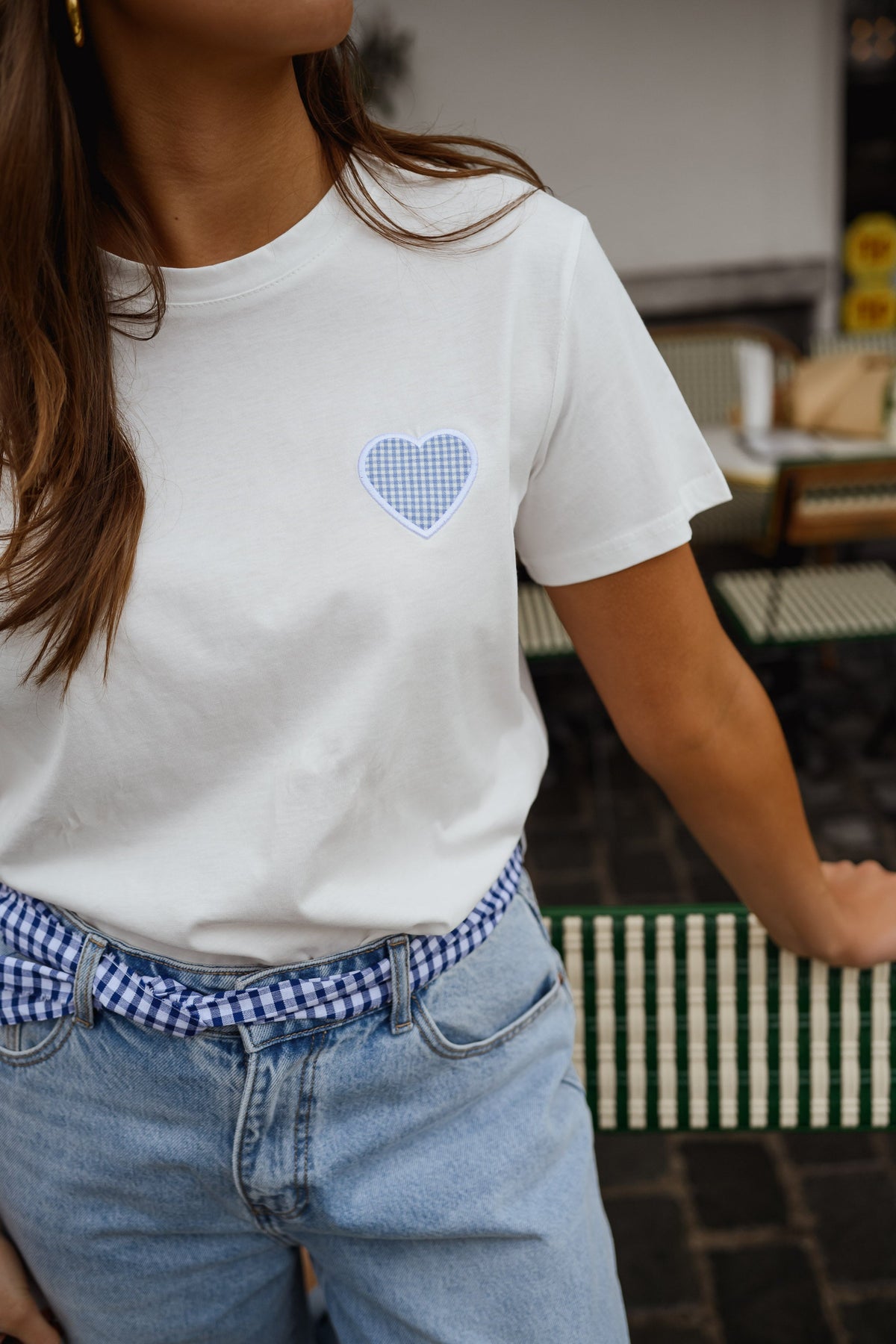 T-shirt Aly - blanc à coeur vichy bleu