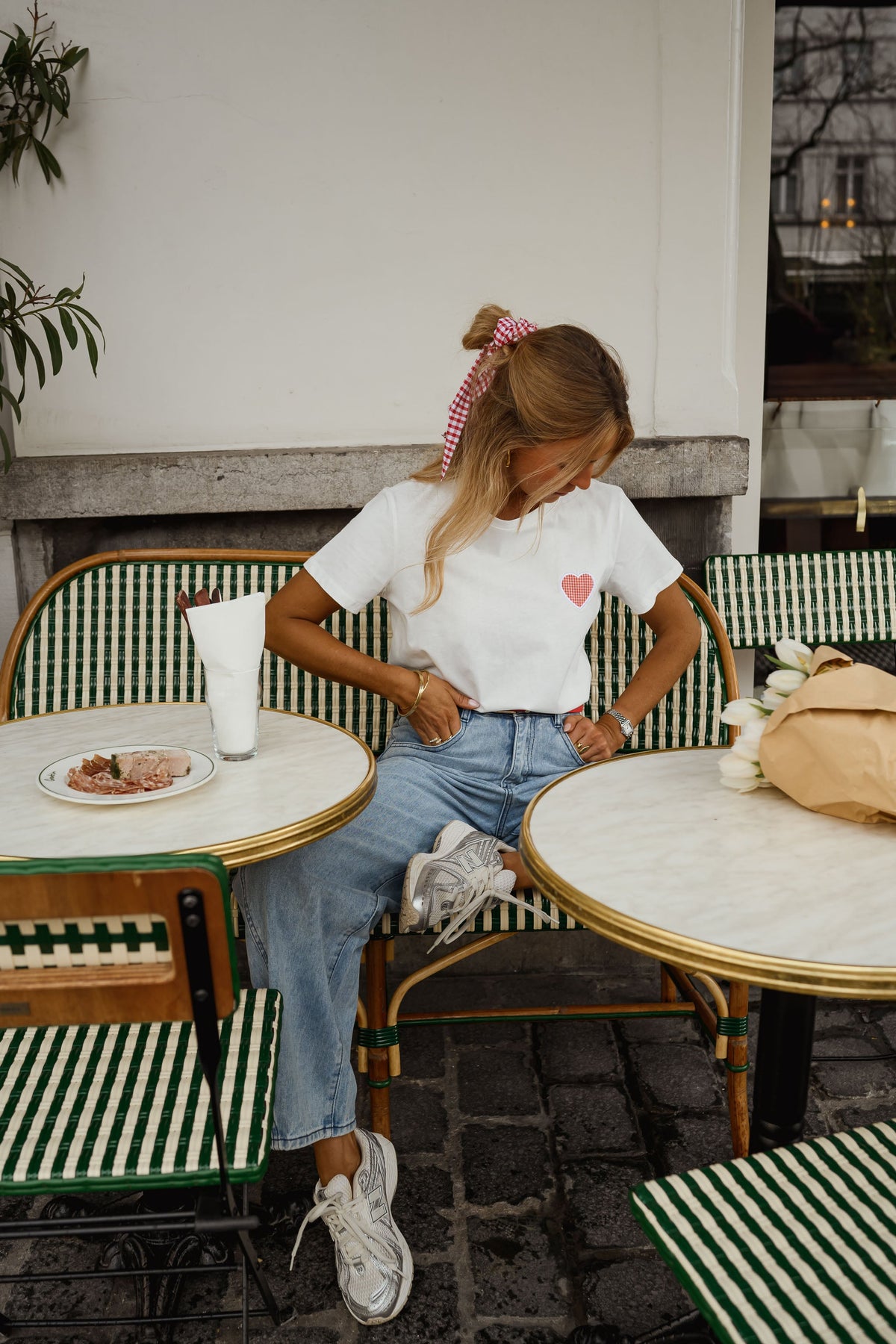 T-shirt Aly - blanc à coeur vichy rouge