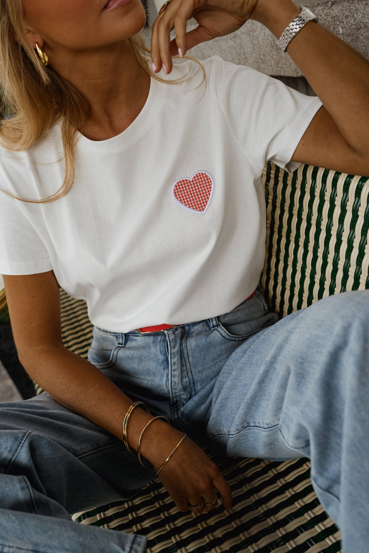 T-shirt Aly - blanc à coeur vichy rouge