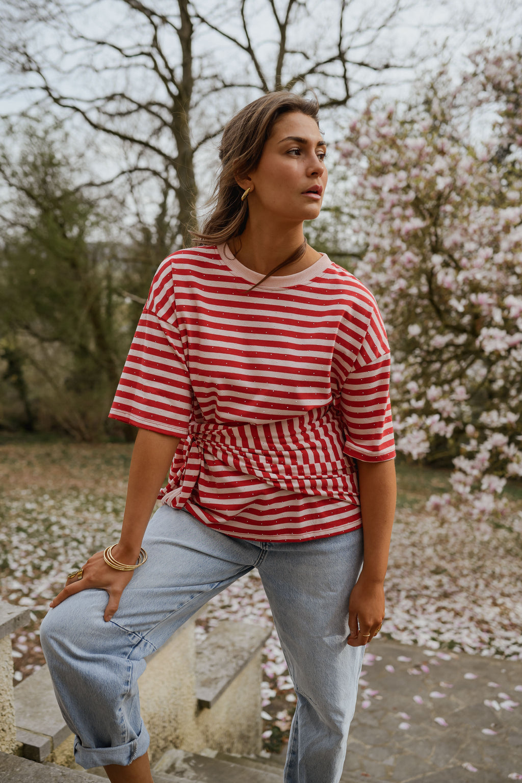 T-shirt Hélia - rouge et rose brillant à lignes