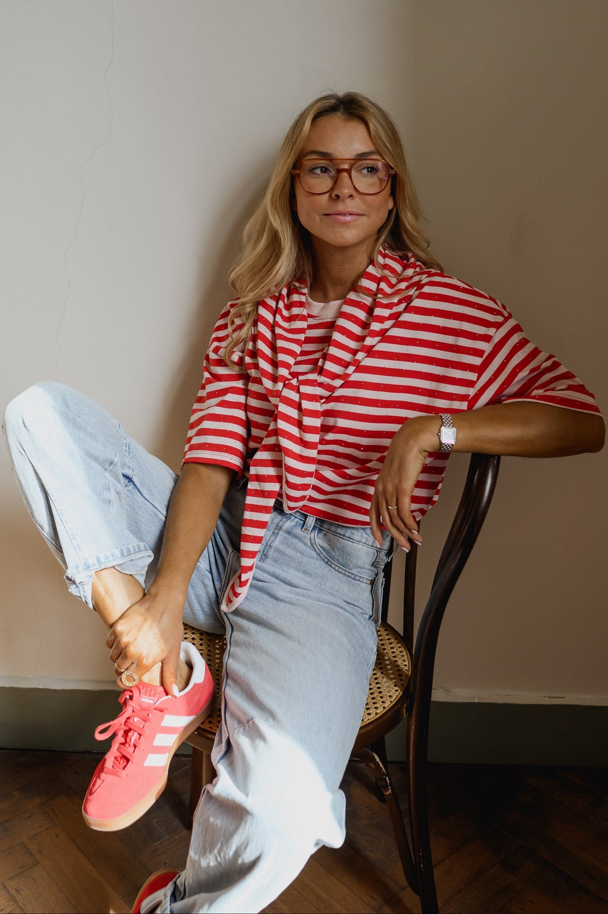 T-shirt Hélia - rouge et rose brillant à lignes