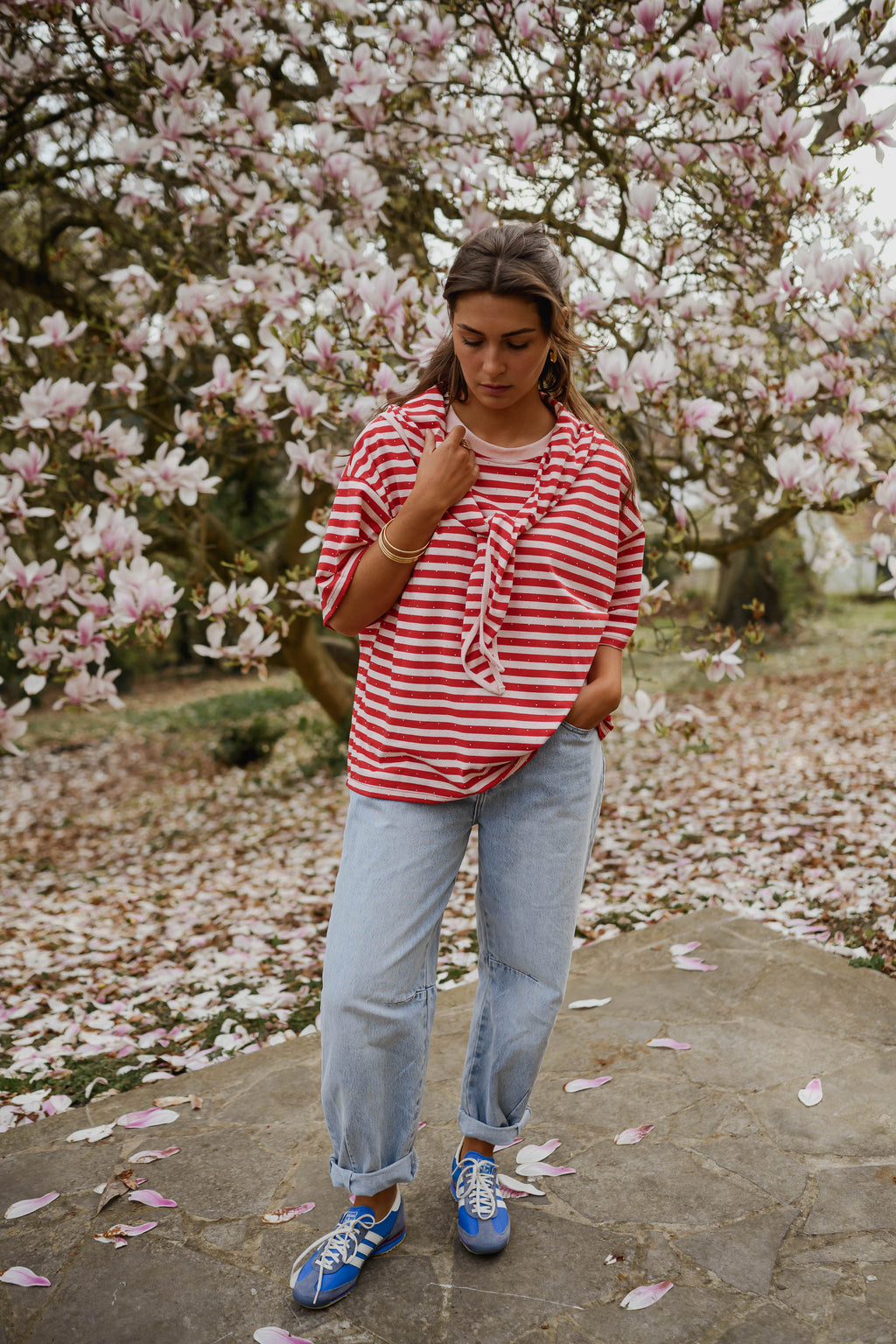 T-shirt Hélia - rouge et rose brillant à lignes