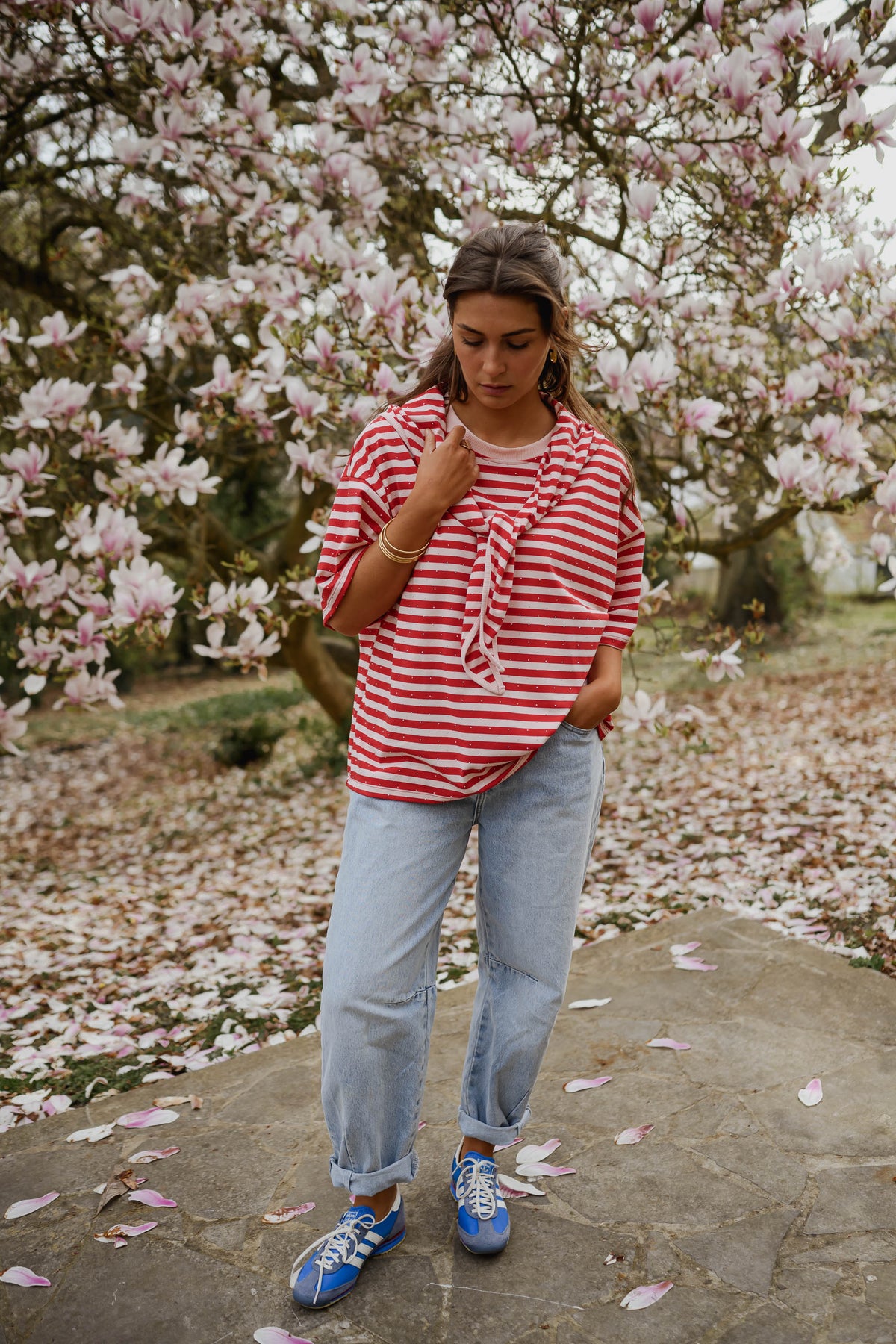 T-shirt Hélia - rouge et rose brillant à lignes