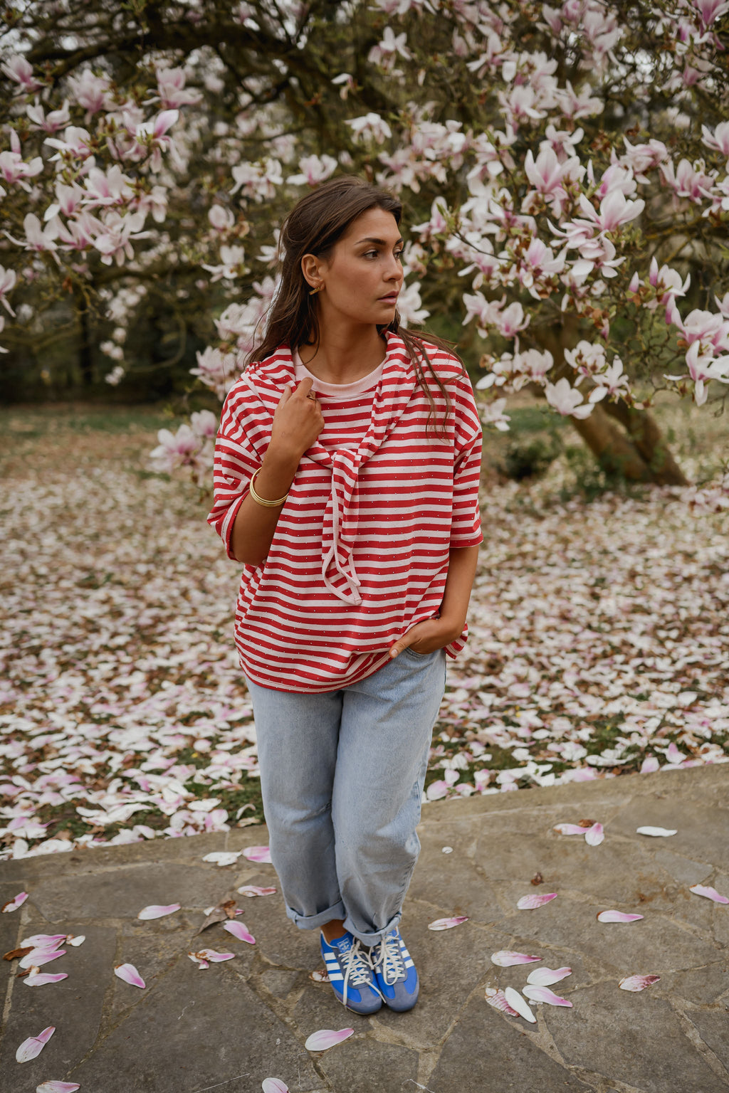 T-shirt Hélia - rouge et rose brillant à lignes
