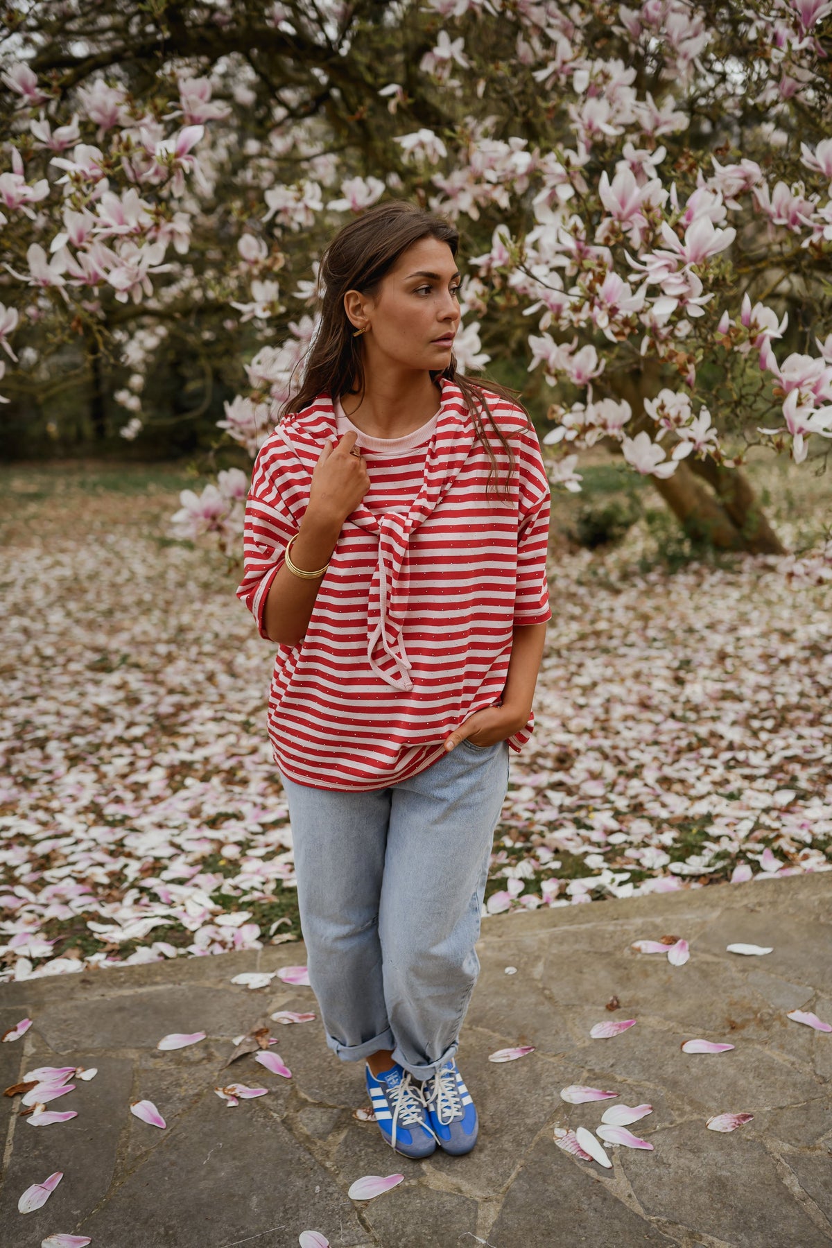 T-shirt Hélia - rouge et rose brillant à lignes