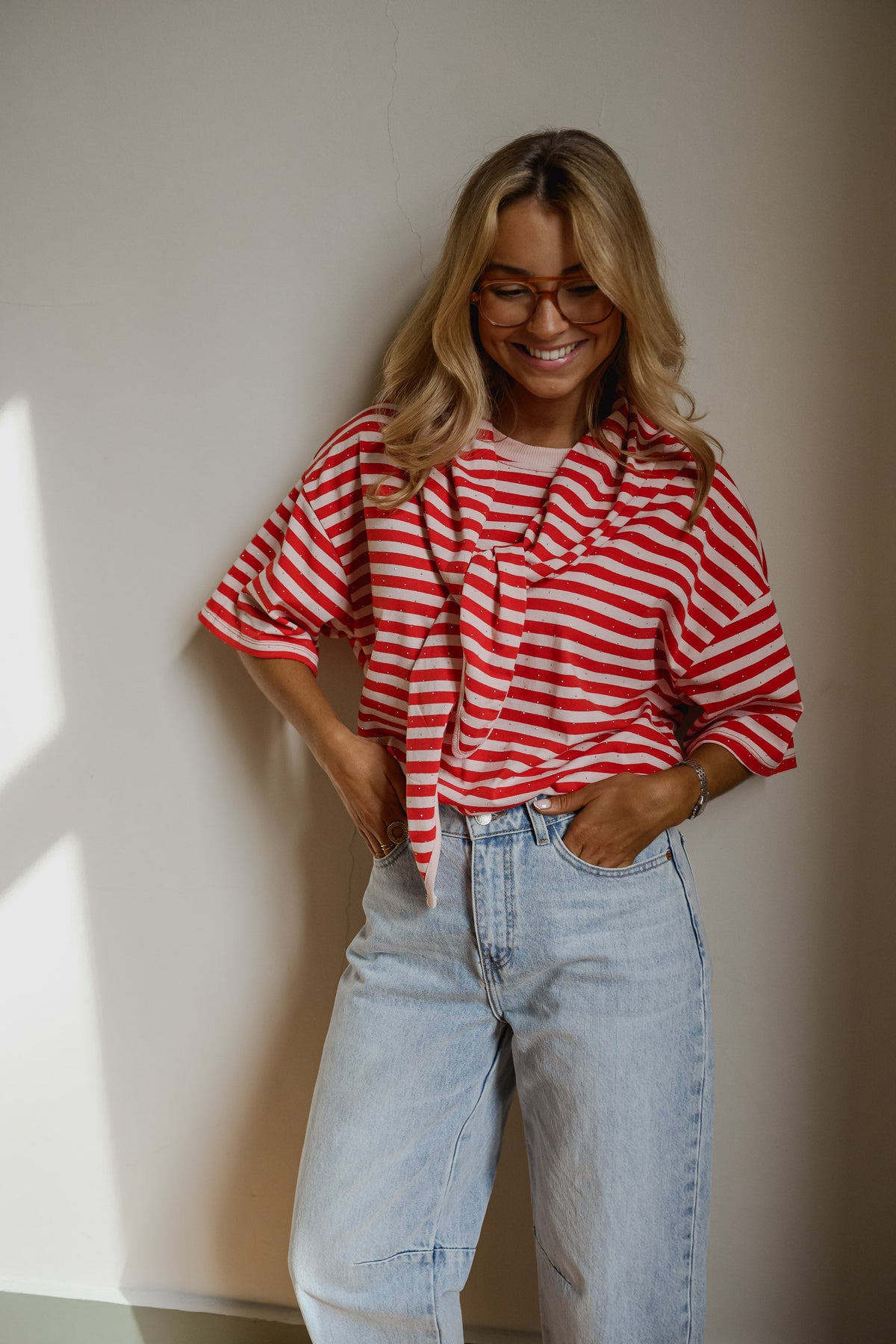T-shirt Hélia - rouge et rose brillant à lignes