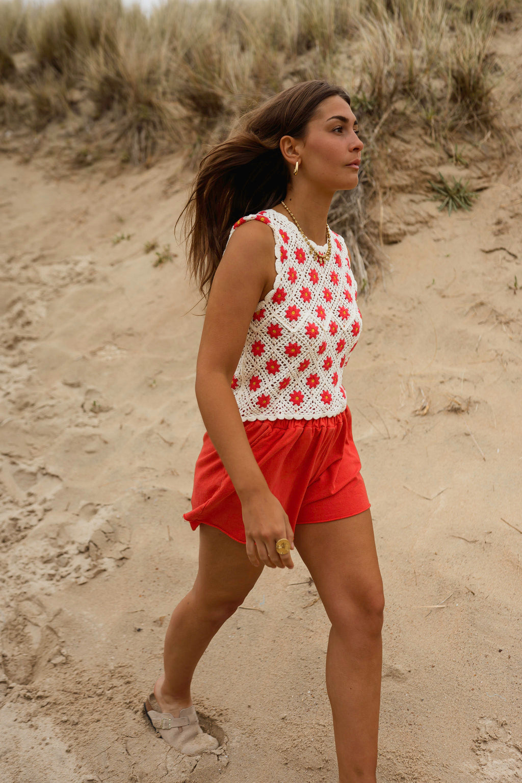 Top Marcella - écru & rouge en crochet