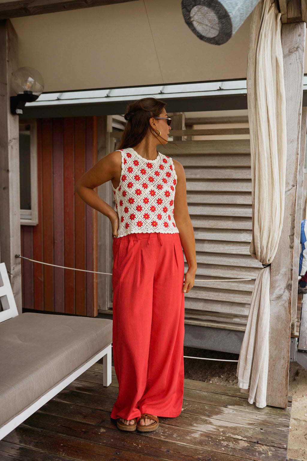 Top Marcella - écru & rouge en crochet