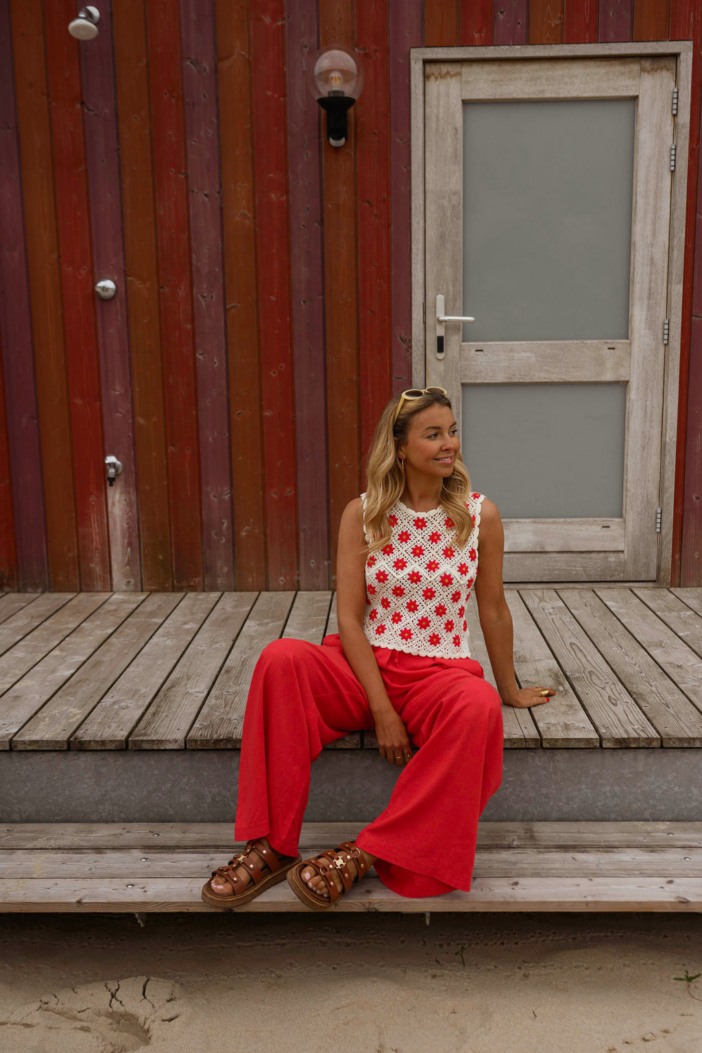 Top Marcella - écru & rouge en crochet