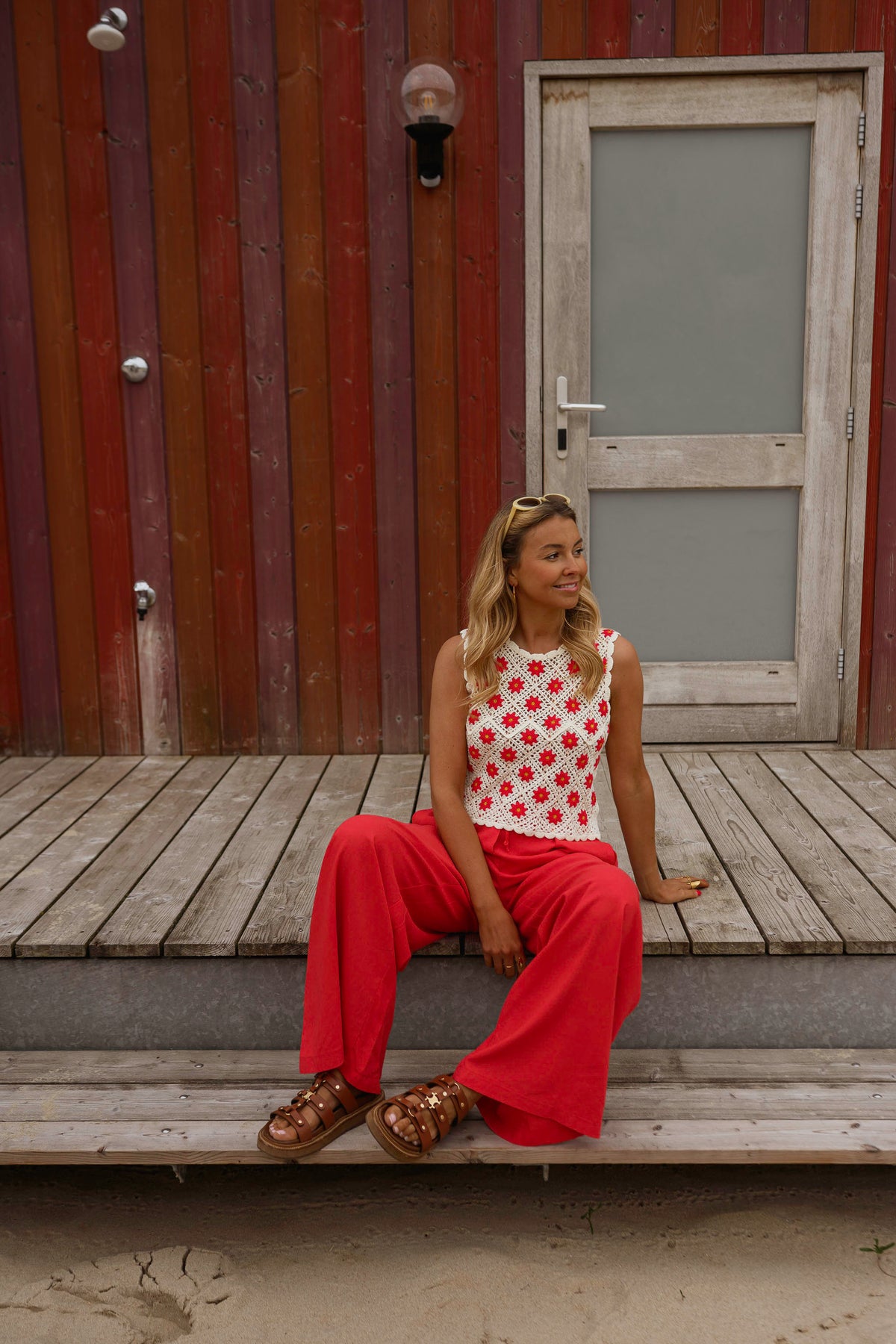 Top Marcella - écru & rouge en crochet