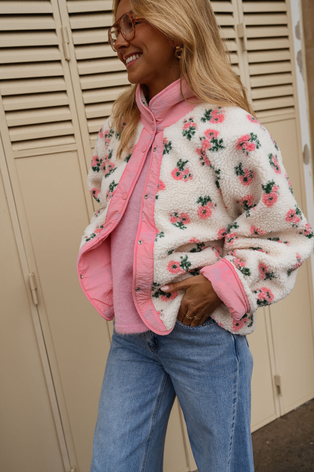 Veste Martina - rose et écrue à fleurs