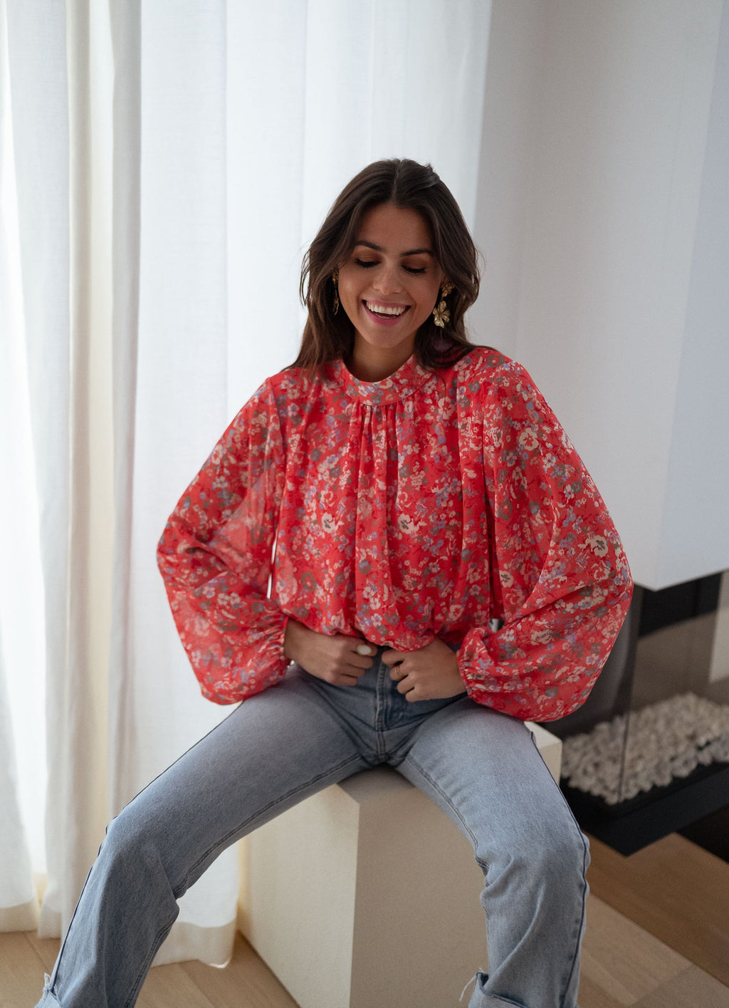 Blouse Doma - corail à fleurs